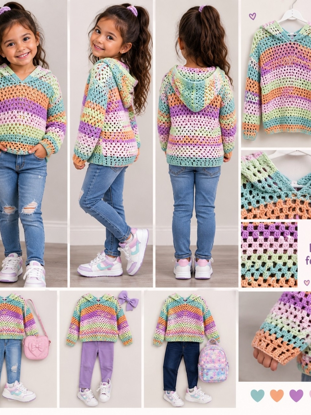 art class Multicolor Pastel Crochet Hooded Sweater Girls 10/12